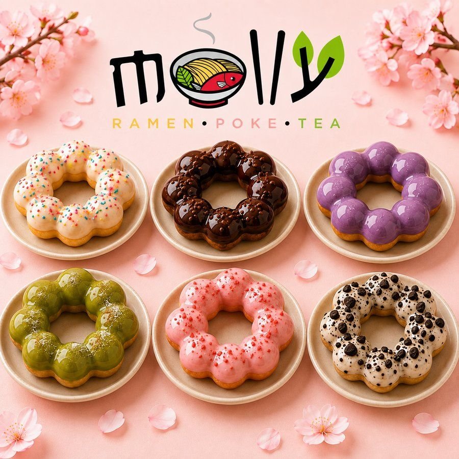 Six mochi donuts in pastel glazes